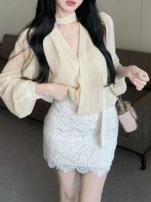 Women's Solid Color Elegant Bow V-Neck Long Sleeve Blouse - Apricot - View 2