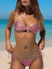 Sultry Sol 新款时尚性感纯色比基尼，女士系带分体泳衣，适合夏季海滩度假 - 藕粉色 - 查看 1