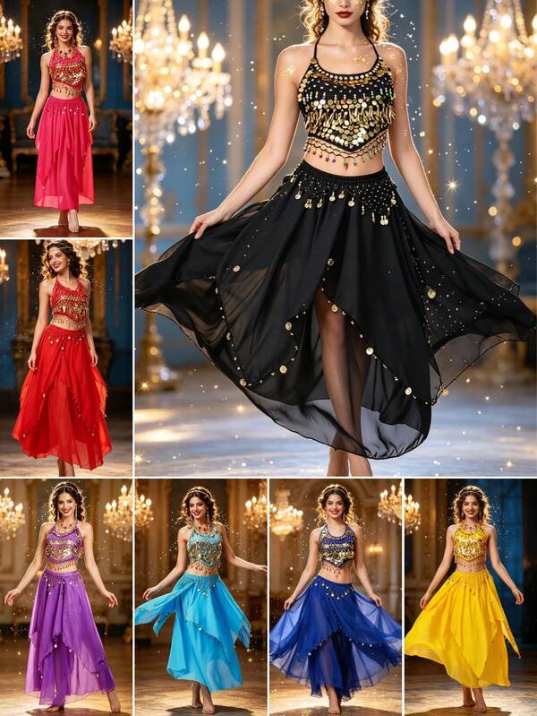 2Pcs Belly Dance Costume Sequins Coin Tassel Halter Crop Top + Sequins Coin Tassel Maxi Skirt Flamenco Outfit Halloween Carnival Holiday Rave Festival Stage Show Birthday Party Evening Party Club Nightwear Costume Performance Dress