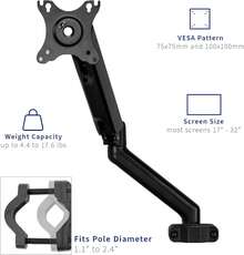 Universal Full Motion Pneumatic Monitor Pole Mount For 17-32 Inch Screens, Adjustable VESA Desk Stand, Black - B - View 3