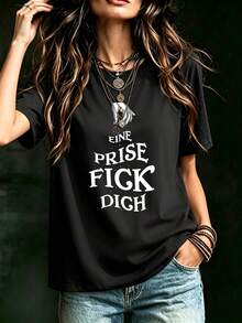 Plus Size Women's Casual Slogan Print Round Neck Short Sleeve T-Shirt, Artistic Finger Pattern Black Summer - Black - View 10