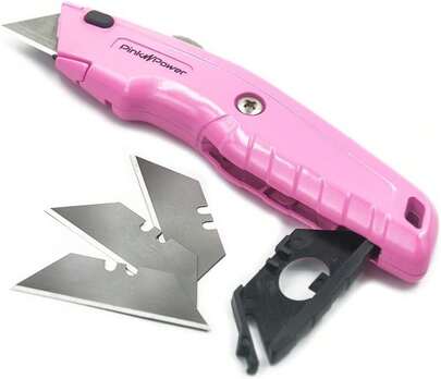 Pink Power Box Cutter Retractable, Pink Utility Knife For Carpet, Cute Box Cutter Knife Heavy Duty With 3 Blades And Storage Compartment - Opener