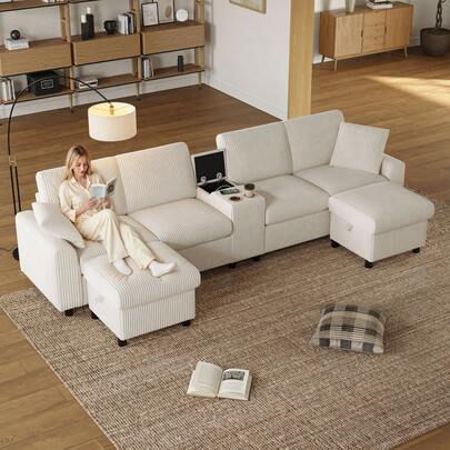 Flieks Comfy Corduroy U-Shaped Sectional Sofa With 2 Movable Storage Ottomans, 1 USB & 2 Type-C Charging Ports, Cup Holders, Luxury Sofa For Living Room, 315 X 135 X 81 Cm