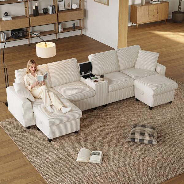 Flieks Comfy Corduroy U-Shaped Sectional Sofa With 2 Movable Storage Ottomans, 1 USB & 2 Type-C Charging Ports, Cup Holders, Luxury Sofa For Living Room, 315 X 135 X 81 Cm