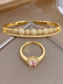 18K Gold Plated Pink Round Zirconia Jewelry Set, Adjustable Open Cuff Bracelet And Ring, Elegant Women's Accessories, Suitable For Daily And Party Occasions - Multicolor - View 5