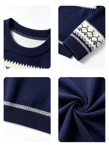 Tween Boys Vintage Nordic Jacquard Knit Top, Contrast Geo Print Fall Knitwear - Navy Blue - View 5