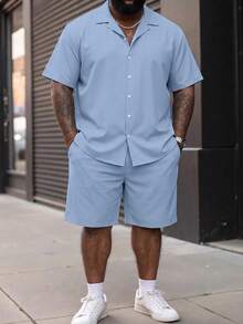 Plus Size Men's Shirt Set, Short Sleeve Shirt And Shorts 2-Piece Set, Solid Color Machine Washable, Plus Size - Baby Blue - View 7