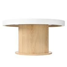 Round Coffee Table With Grooved Cylindrical Base, Table With Two-Tone White And Wood Color Tabletop Made Of MDF And PVC, Living Room Table, Compact Side Table For Small Apartments. - Natural Wood + White - View 9