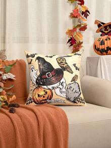 1pc Black Halloween Skull Print Pillowcase, Holiday Decorative Square Cushion Cover, Cute Cartoon Skull Bat Spider Web Pattern Design, Suitable For Autumn Festival Party Occasions Decorative Cushion Cover, Indoor Window Sill Patio Party Seasonal Decoration, No Filling Included - Multicolor - View 13