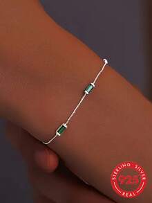 1pc S925 Sterling Silver Minimalist Ins Cold Style Elegant Green Geometric Square Diamond Bracelet, Fashionable Luxury Niche Exquisite Personalized High-End Square Green Diamond Box Chain, Versatile Jewelry Holiday Gift - Square - View 8