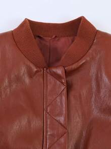 Autumn/Winter Solid Color Faux Leather Padded Shoulder Aviator Jacket - Burgundy - View 8