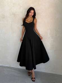 Women's Summer Black A-Line Spaghetti Strap Elegant Dress For Birthday, Holiday, Party - Black - View 3