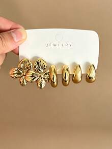 Set Anting Bunga Logam Vintage 6-18 Buah, Desain C-Hoop Tetes Air Berpilin, Cocok untuk Perjalanan Sehari-hari, Pesta Liburan, Satu Set untuk Semua Pakaian - Emas - View 5