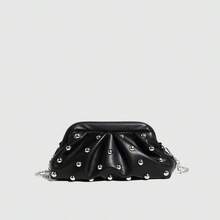 Vintage-Style Pleated Clutch With Rivet Decoration, Ruffled, Cloud-Patterned Beach Bag For Women, Fashionable Clutch Handbag With Chain Strap - Black - View 7