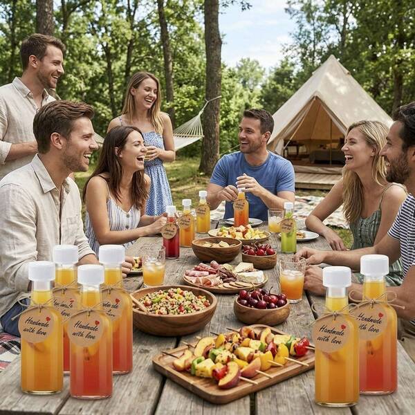 29pcs/5pcs 25ml/50ml Plastic Empty Bottles,Reusable Clear Bottles, Tiny Beverage Bottles For Outdoor Camping. Comes With Funnels,Tags & Twines, And With Black And White Plastic Caps, For Wedding,Outdoor,Travel,Pinnic,Birthday,BBQ,Back-To-School