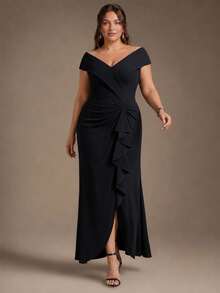 EVERPRETTY Women's Plus Size Elegant V-Neck Sleeveless Pleated Ruffle Asymmetrical Hem Midi Formal Dress, Suitable For Party, Evening Gala, Wedding Guest - Black - View 6