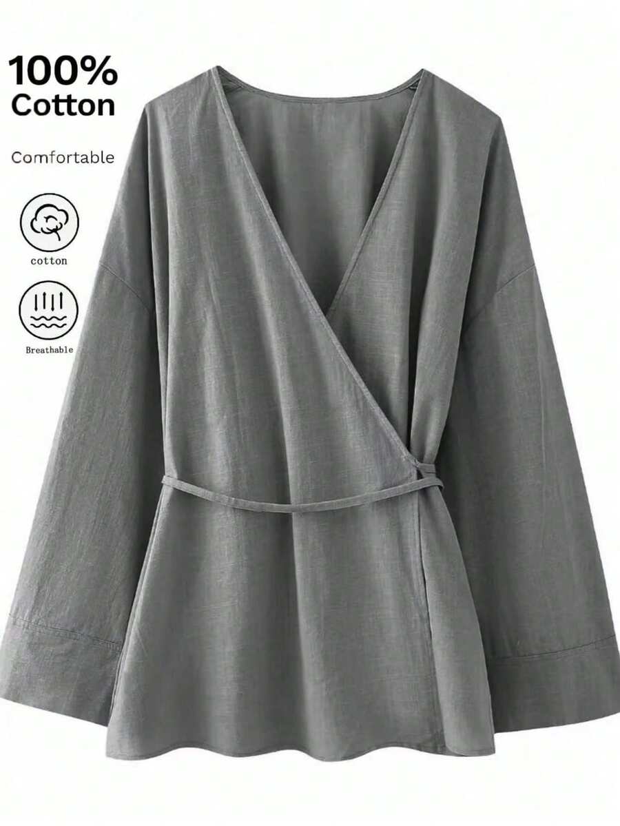 Camisa cruzada de color liso y estilo casual versátil para mujer - Gris - Ver 1