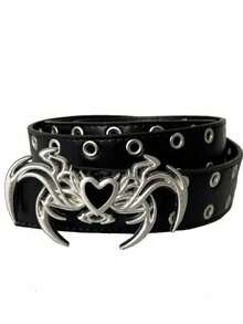 Cinturón de estilo punk vintage con corazón en relieve, para mujer; cinturón versátil de estilo gótico, hebilla de corazón con alas de demonio negras y aceite goteante, adecuado para uso diario y diversas ocasiones festivas - Negro - Ver 7