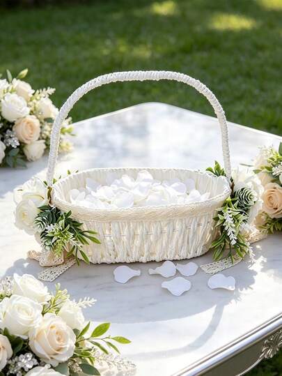 Wedding Flower Girl White Hand-Held Flower Basket,Satin Bowknot Fairy Flower Basket, Wedding White Petal