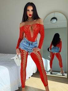 1pc Sexy Lingerie With Floral Pattern, Breathable And Alluring, Suitable For Dates - Red - View 4