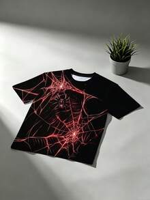 Men's Plus Size Punk Spider Web Print T-Shirt, Dark Style, Streetwear Casual - Black - View 2