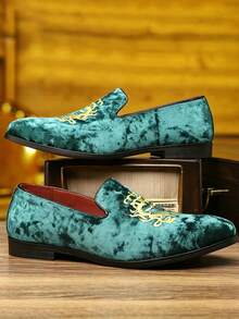 QRLQRL 1 Pair Men's Low Heel Round Toe Low-Top Slip-On PU Velvet Fabric Embroidered Comfortable Fit Casual Loafers - Green - View 2