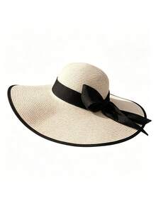 1 Stück Damen einfarbiger lässiger eleganter bohemischer Strohhut, runder Sonnenhut, geeignet für Urlaub, Strand, alle Jahreszeiten Mode, vielseitig für den Alltag (Wenn der Hut Falten hat, bitte mit einem Bügeleisen glätten, dann wird er wiederhergestellt) - Milchig weiß - Übersicht 7