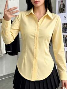 女款鈕扣長袖修身領口工作襯衫 商務休閒辦公女裝上衣 黃色 - 黃色 - 查看 4