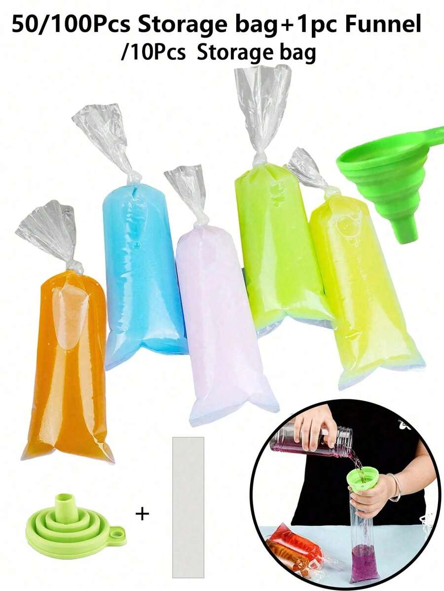 50/100pcs 30cm*5.5cm Popsicle Bags, Ice Cream Mold Bags With Funnel, Plastic Rectangular Self-Sealing Popsicle Bags, Durable And Airtight, Wide Mouth Funnel, Suitable For Making Ice Cream, Bachelorette Party, Kitchen, Storage, Decoration, Outdoor - Multicolor - View 1