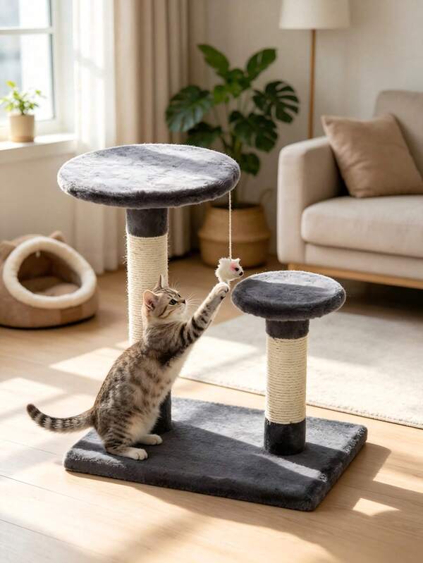1 Small Cat Tree, With Wear-Resistant Sisal Posts For Cats To Sharpen Claws, Plush Platforms For Resting, And A Hanging Mouse Teaser Ball Attached; Integrated And Stable Structure