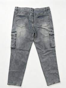 Men's Plus Size Stretch Cargo Jeans, Retro Faded Blue Straight Leg Denim Pants, Casual Work Trousers - Navy Blue - View 9