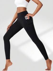 Women's Side Pocket Leggings, Spring Summer Autumn, Outdoor Running Workout Sports Leggings, Solid Color Elastic Compression Leggings Black Fall - Black - View 6