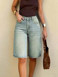 Women's Streetwear Minimalist Loose Low-Waist Straight Leg Denim Bermuda Shorts, Summer Casual Vacation - Medium Wash - View 4
