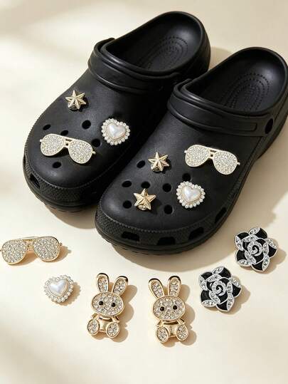 10pcs Rabbit Glasses Clogs Shoe Charms, Fashion Beach Sandals Decorative Buckles, Women's Bags And Shoes Decoration