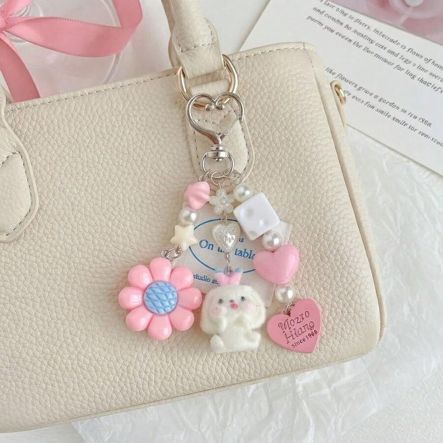 Korean Style Long Ear Rabbit Bag Charm, Flower Heart Beaded Keychain, Pearl Pendant Backpack Hanging Chain, Sweet Y2K Style Handbag Decoration, Gift For Girls - Multicolor - View 1