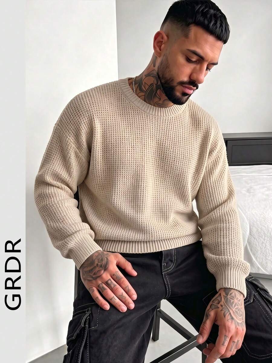GRDR 男士休闲提花针织圆领长袖毛衣 - 駝色 - 查看 1