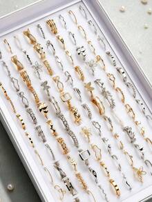 45件組女士蝴蝶花葉可疊戴戒指套組，金銀雙色多款式，鑲嵌仿珍珠與水鑽，日常派對婚禮珠寶 - 小合金戒指金銀混 - 查看 4