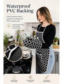 مجموعة مئزر مطبخ من 4 قطع مع قفازات الفرن وحوامل الأواني، بطانة PVC مقاومة للماء، مجموعة نسيج مطابقة للطبخ والخبز - الأسود - مشاهدة 2