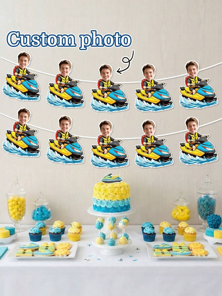 10/20/30pcs Customized Photo Jet Ski Summer Banner, Personalized Wave Water Motorcycle Garland, Blue & Yellow Nautical Theme Banner, Beach Night Party Decoration, Pool Birthday Party Wall Decor, Wave Water Sports Enthusiast Souvenir, Bachelorette Party - Multicolor - View 1