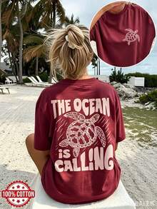 Double-Sided Print Women's Vintage Loose Tee, Turtle & Waves Graphic "The Ocean Is Calling" Text, Drop Shoulder Oversized 100% Cotton Best Seller - 酒紅色 - 查看 12