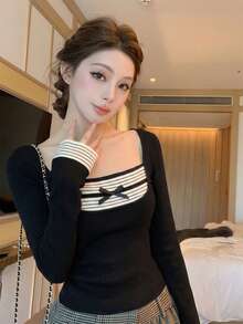 Autumn/Winter Casual Korean Sweet Style Square Collar Striped Bow Knit Sweater, Warm Gentle Elegant Versatile Base Layer Black - Black - View 6