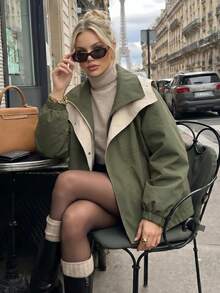 Stylish Women's Colorblock Hooded Casual Utility Jacket Coat, Autumn/Winter - Green - View 3
