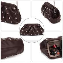 Vintage-Style Pleated Clutch With Rivet Decoration, Ruffled, Cloud-Patterned Beach Bag For Women, Fashionable Clutch Handbag With Chain Strap - 咖啡 - 查看 3