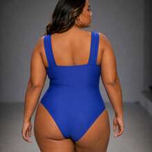 Elegant Women's Sleeveless Plus Size Swimsuit, Regular Length, One-Piece Design With A Twisted Detail At The Front And Slight Stretch For Casual Wear. - 藍色 - 查看 2