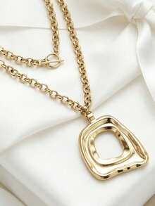 1pc Geometric Metal Exaggerated Chain Square & Round Asymmetric Pendant Necklace For Women - Gold 1 - View 3