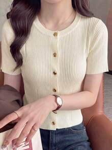 Women's Ribbed Knit Short Sleeve Cardigan, Round Neck Gold Button Slim Fit Knit Top, Commute Date Casual Knit Sweater Summer - Apricot - View 6