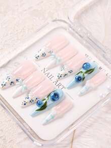10 piezas de uñas postizas largas y reutilizables, estilo francés en rosa nude soñador y azul claro, con decoración 3D de arándano, encaje, perla, lazo y cuadros, manicura dulce y fresca de verano, adecuadas para uso diario, citas, fiestas y viajes, exquisito regalo de uñas para mujeres y niñas, uñas postizas hechas a mano - Celeste - Ver 4