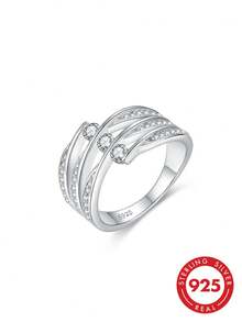 S925 Sterling Silver Luxurious Crossover Cubic Zirconia Ring Sparkling Interlocking Wave Band Luxurious Party & Wedding Jewelry Gift For Her - Silver - View 8