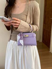 Elegant Lavender Purple PU Leather Handbag, Women's Structured Crossbody Bag With Scarf Decoration, Durable And Textured, Suitable For Commuting And Shopping - Violet Purple - View 7