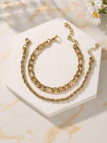 Ins Vintage Style Thick & Thin Double Strand Bracelet, Unisex Gold Double Layer Chain Daily Accessory - Yellow Gold - View 4